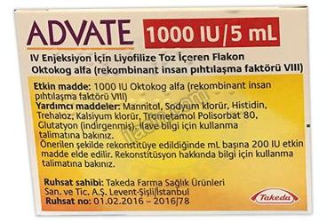 ADVATE 1000 IU/5 ML IV ENJEKSIYON ICIN LIYOFILIZE TOZ ICEREN FLAKON görseli