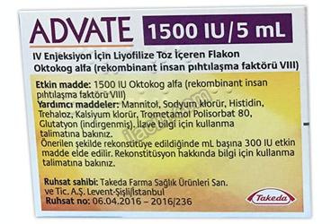 ADVATE 1500 IU/5 ML IV ENJEKSIYON ICIN LIYOFILIZE TOZ ICEREN FLAKON görseli