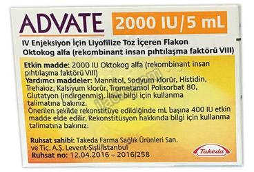ADVATE 2000 IU/5 ML IV ENJEKSIYON ICIN LIYOFILIZE TOZ ICEREN FLAKON görseli