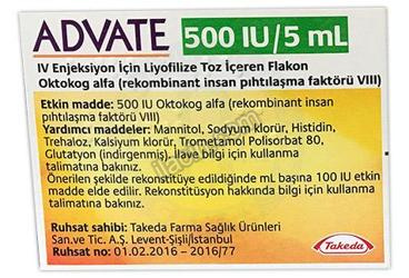 ADVATE 500 IU/5 ML IV ENJEKSIYON ICIN LIYOFILIZE TOZ ICEREN FLAKON görseli